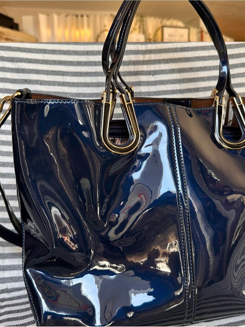 Jewel Navy Patent Tote with Leopard Zip Pouch
